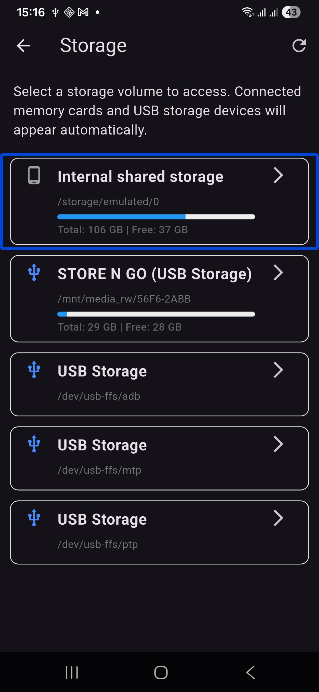Smart File Manager storage screen showing internal and USB storage